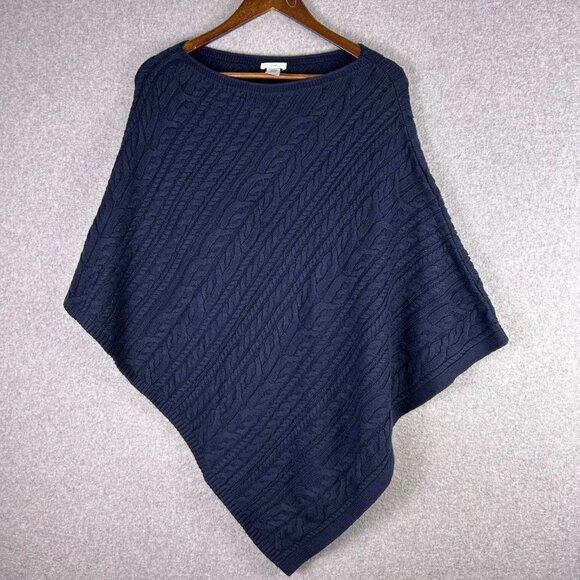 J.Jill Sweater Women One Size Navy Textured Pancho Cape Stretch Cable Knit Cozy - Picture 1 of 6